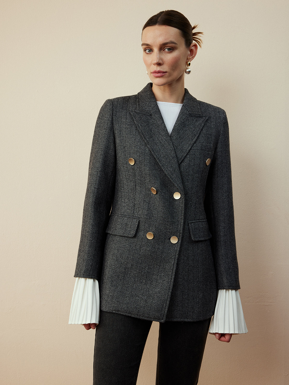 Yün Karışımı Şevron Ekose Uyumlu Blazer