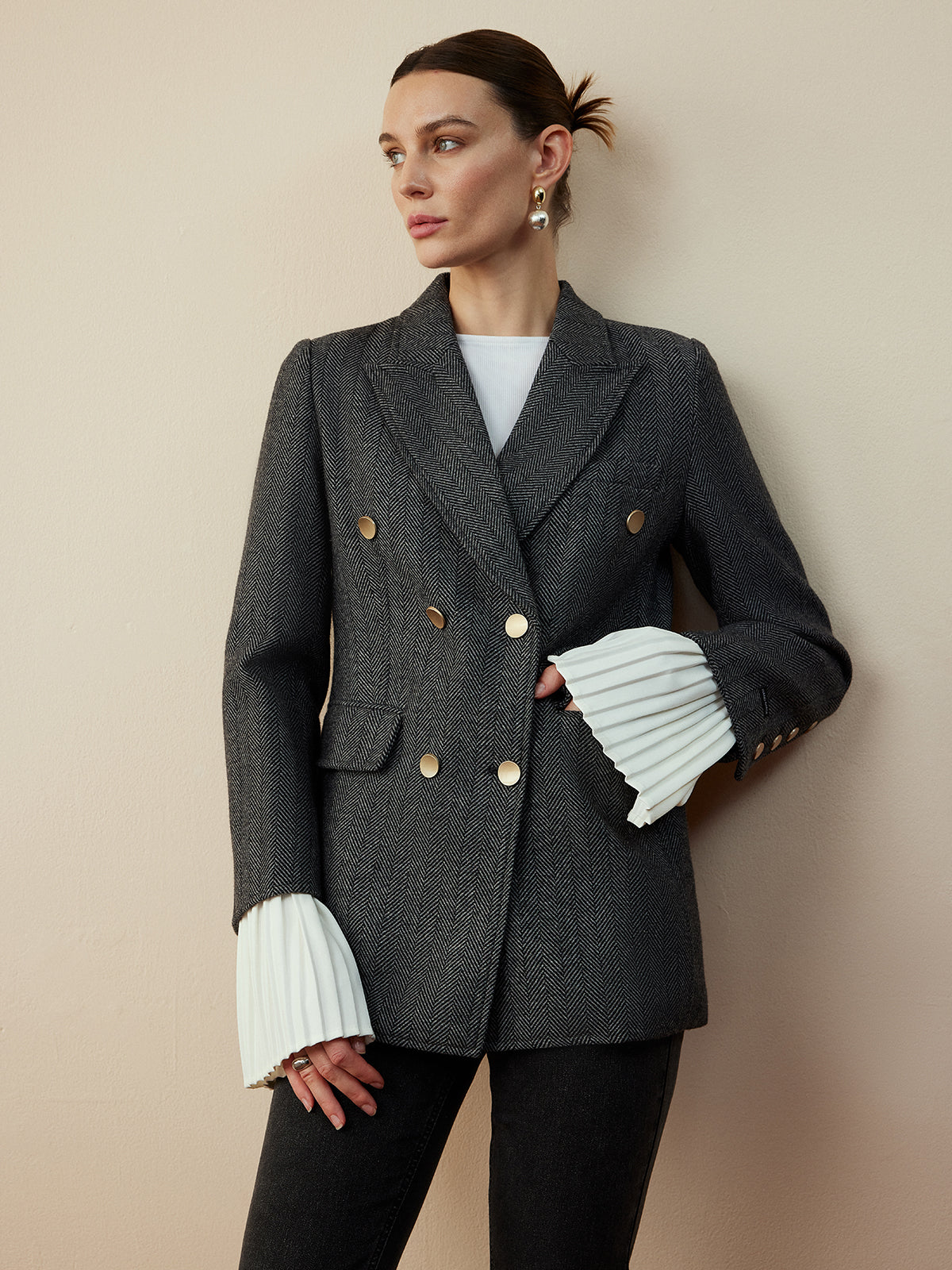 Yün Karışımı Şevron Ekose Uyumlu Blazer