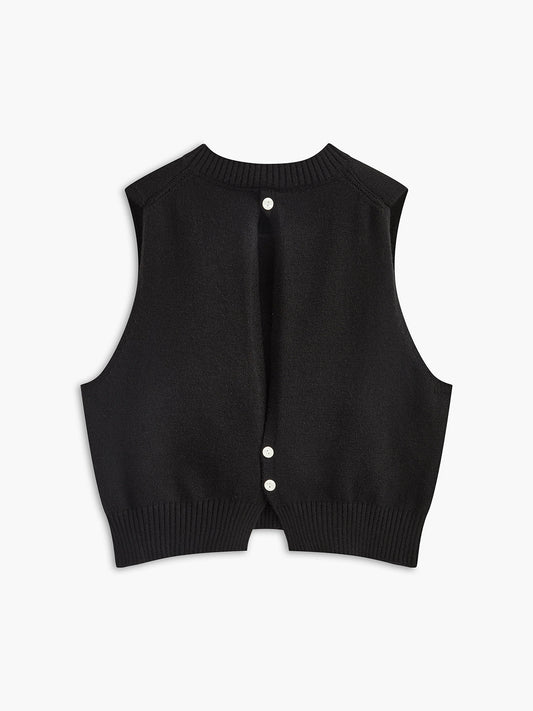 Çiçeksiz Süslemeli Düğmeli Arka Triko Yelek