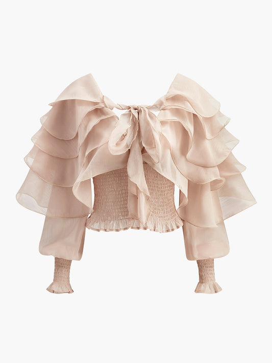 Yarım Şeffaf Şifon Volanlı Sırt Dekolteli Üst