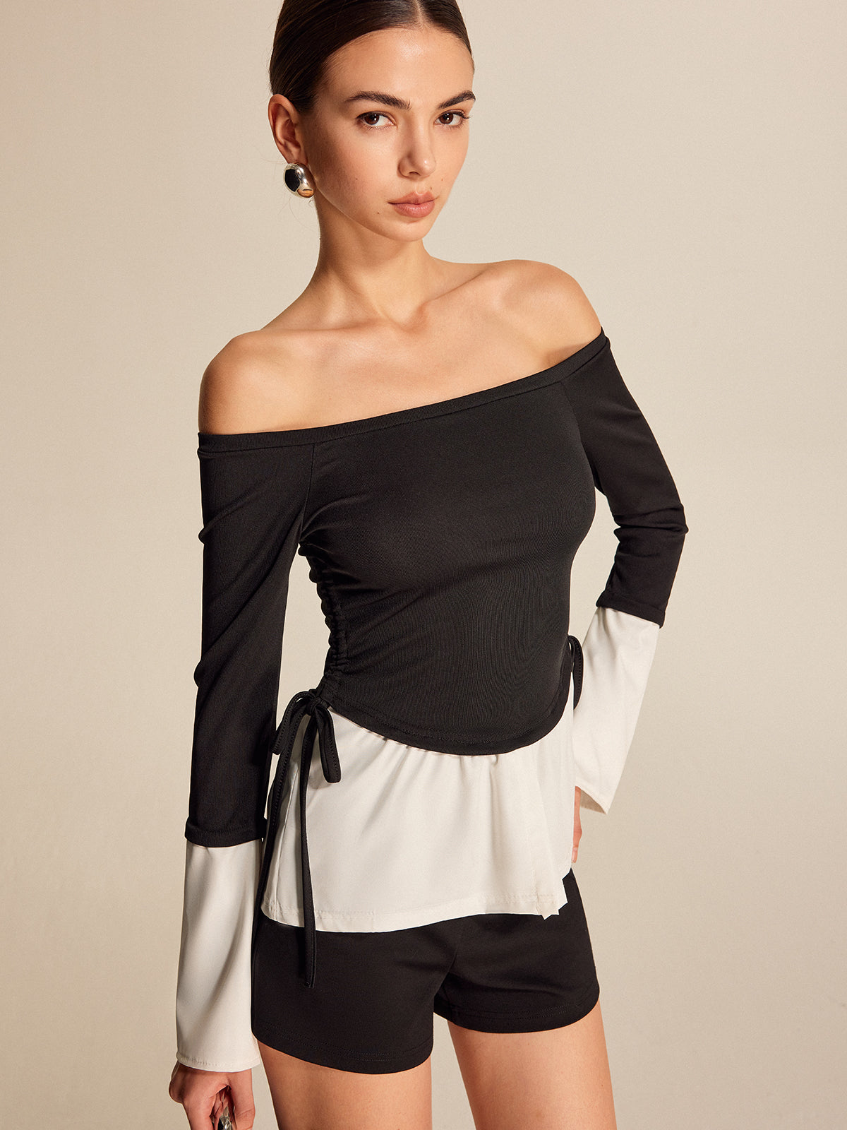 Kalın Kontrast Off-Shoulder Düz Yaka Bluz