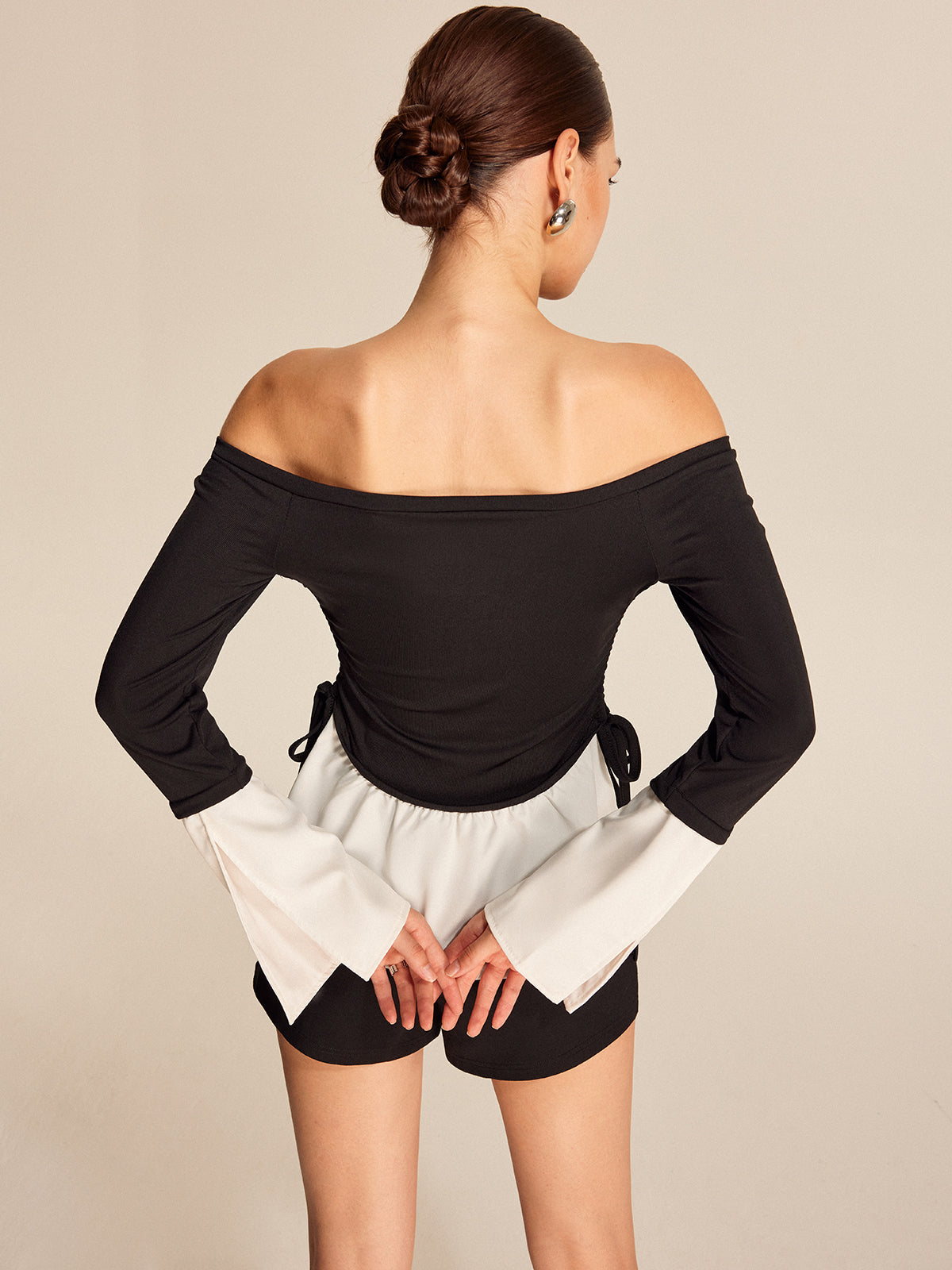 Kalın Kontrast Off-Shoulder Düz Yaka Bluz