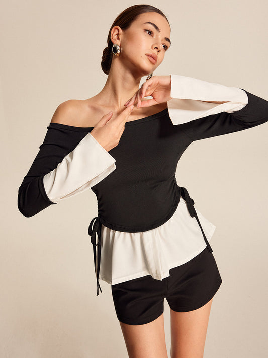 Kalın Kontrast Off-Shoulder Düz Yaka Bluz