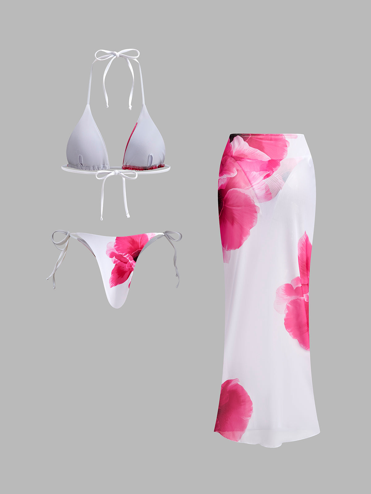 Yarı Şeffaf Etekli Çiçek Desenli Bikini Seti