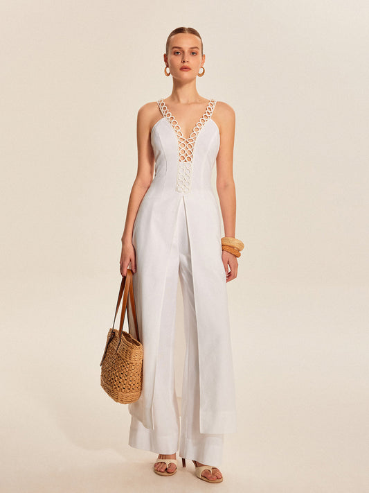 Boşluklu Dantel Bağcıklı V Yaka Üst