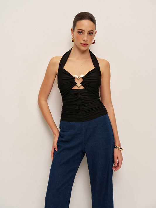 Kalp Detaylı Rushe Halter Üst