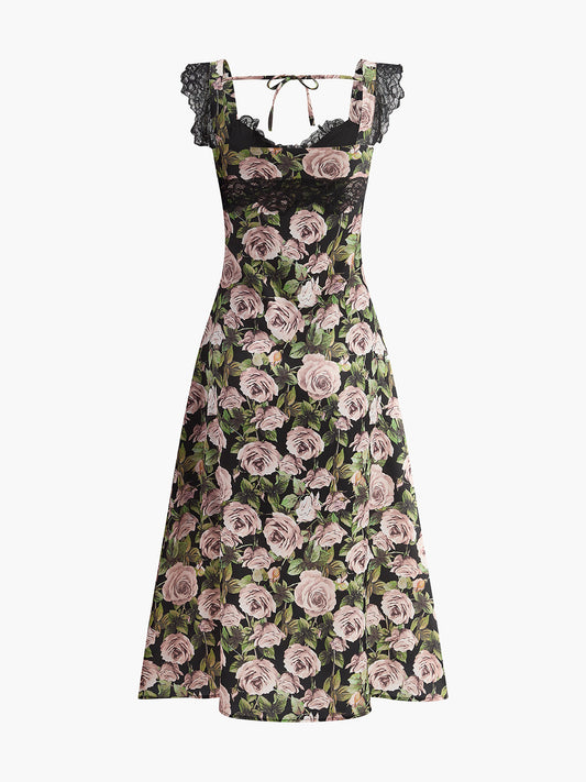 Flower Patterned Lace Detailed Tie Dress