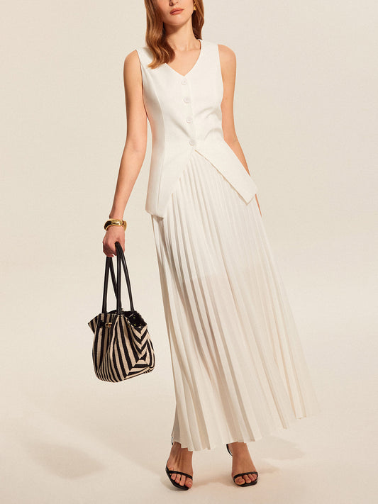 Düğmeli Yelek Pliseli Etek Takımı