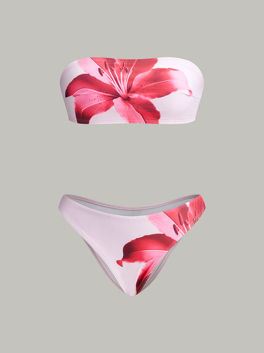 Çiçek Baskılı Bandeau Bikini ve Pareo Etek Seti