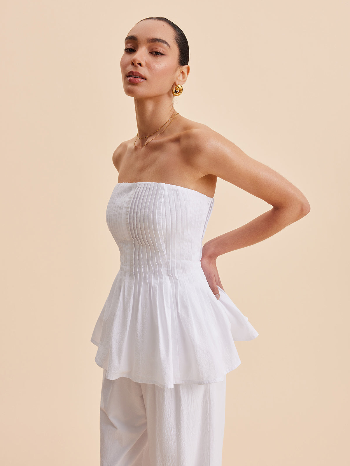 Pamuk Plise Askısız Peplum Bluz