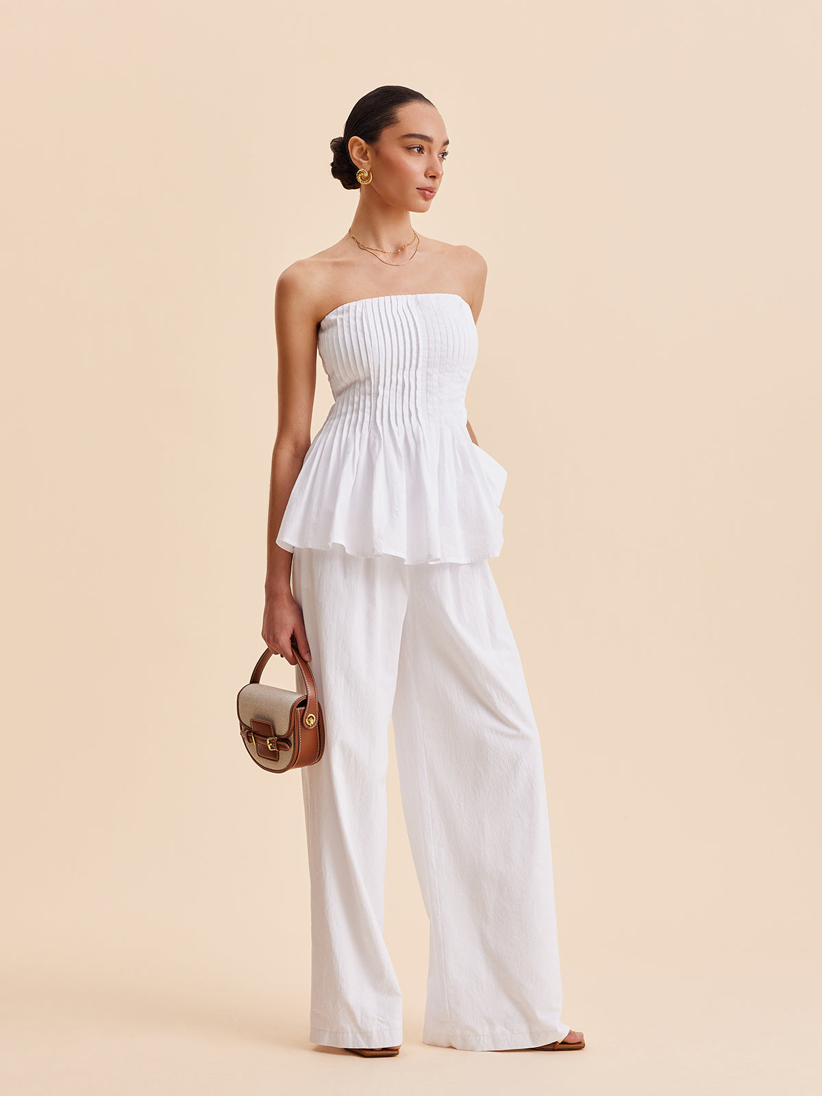 Pamuk Plise Askısız Peplum Bluz