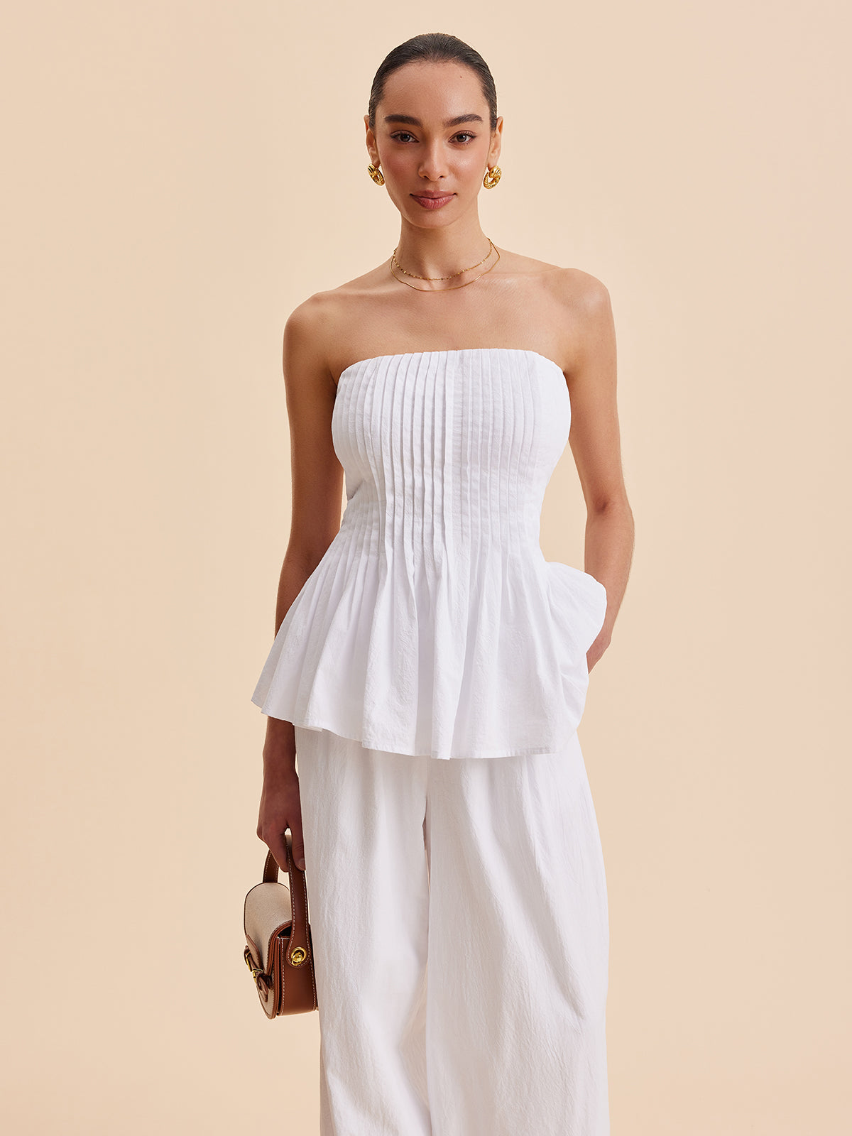 Pamuk Plise Askısız Peplum Bluz