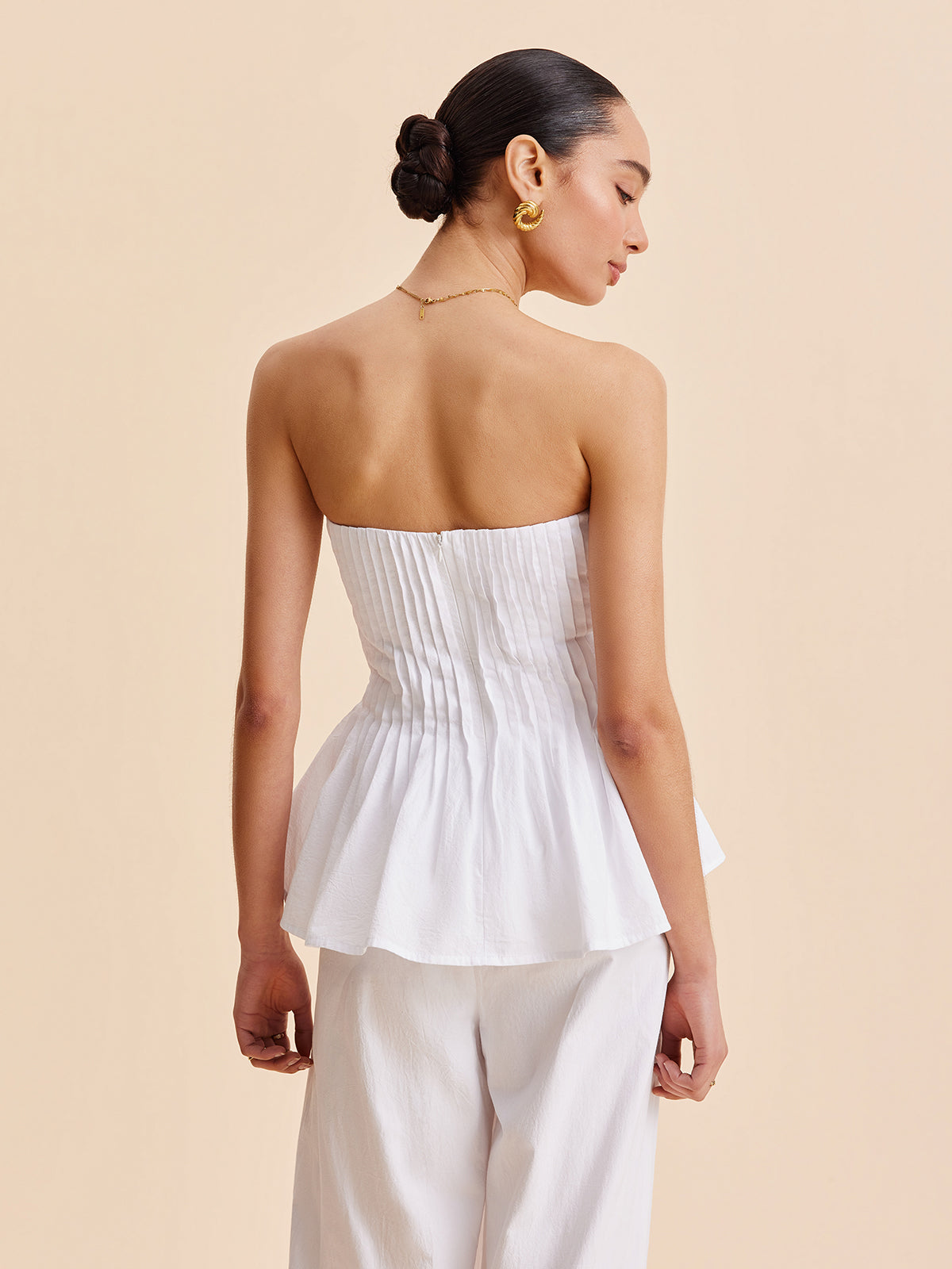 Pamuk Plise Askısız Peplum Bluz