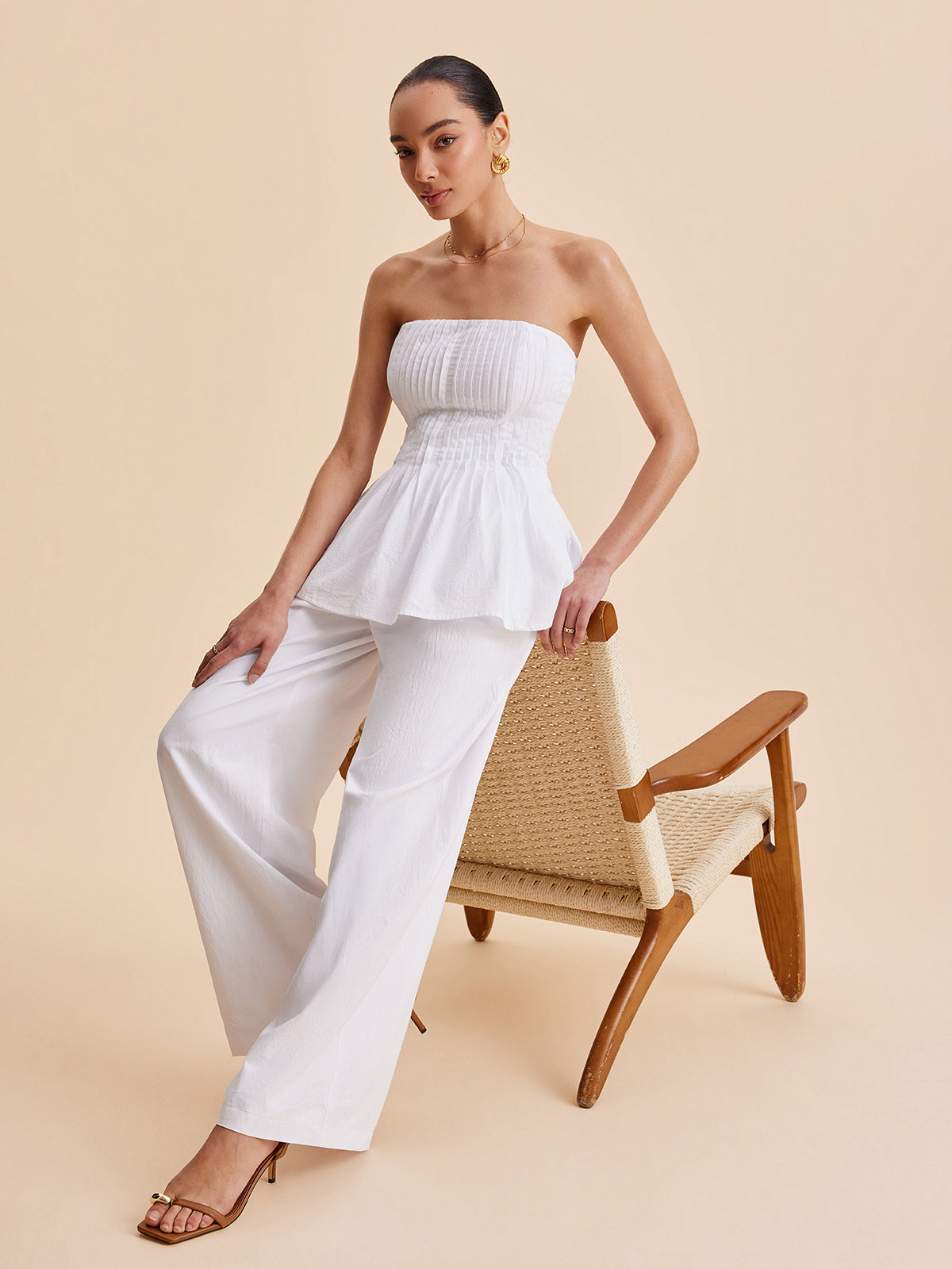 Pamuk Plise Askısız Peplum Bluz