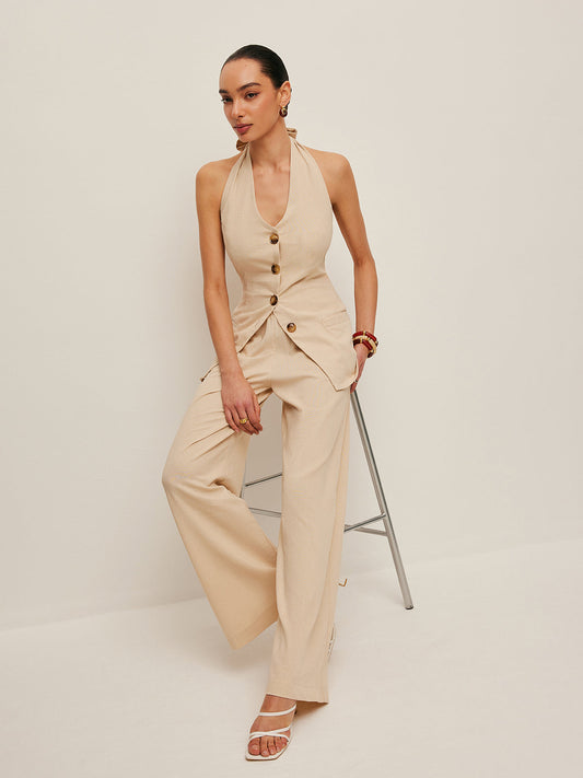 Halter Boyun Fiyonklu Pantolon Takımı