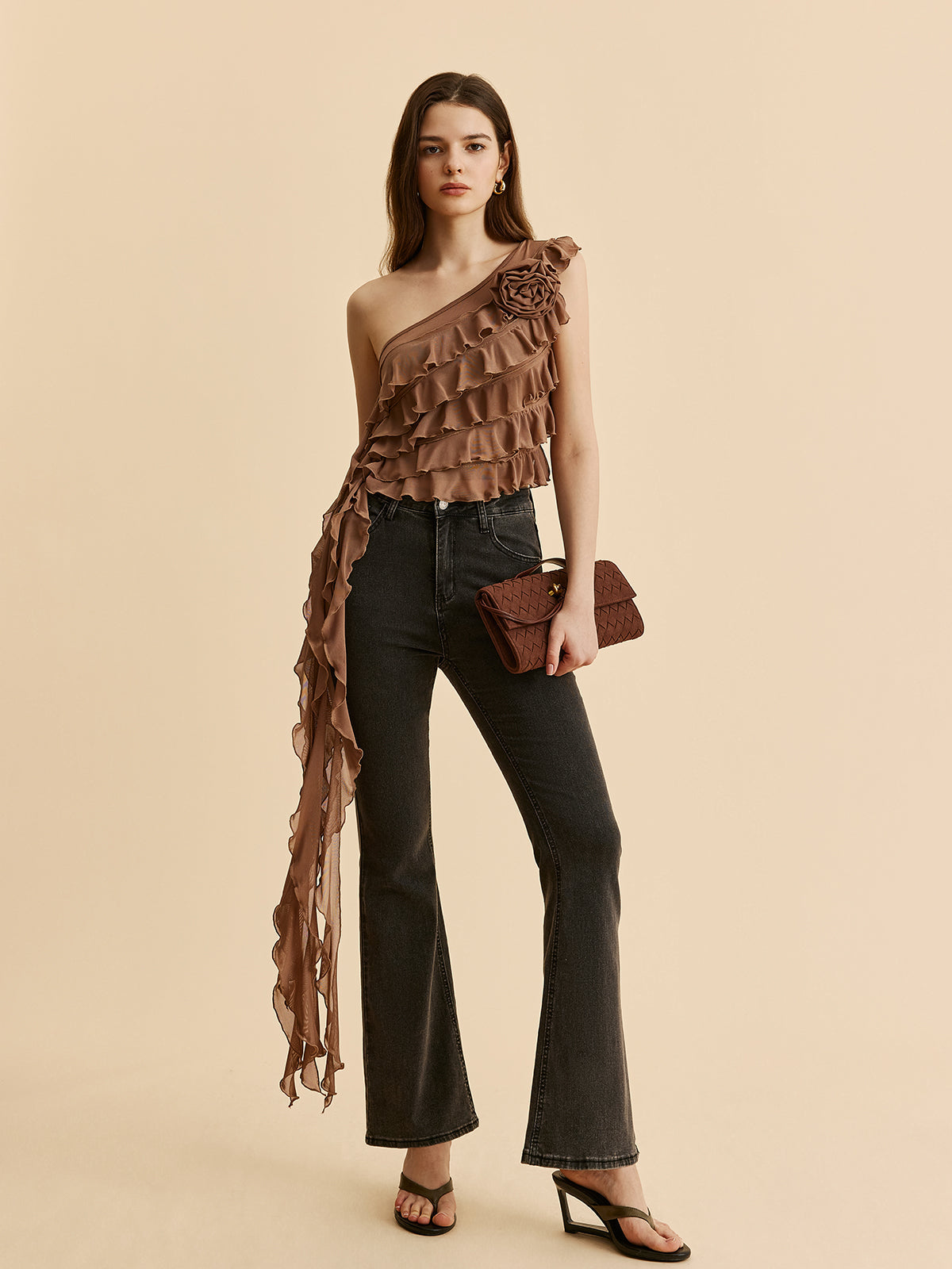 Tek Omuz Ruffled Rosette Detaylı Bluz
