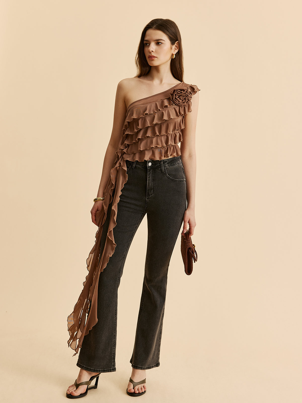 Tek Omuz Ruffled Rosette Detaylı Bluz