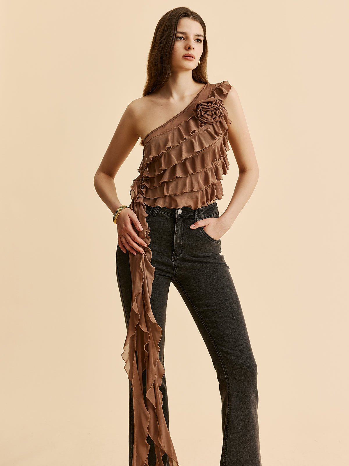 Tek Omuz Ruffled Rosette Detaylı Bluz