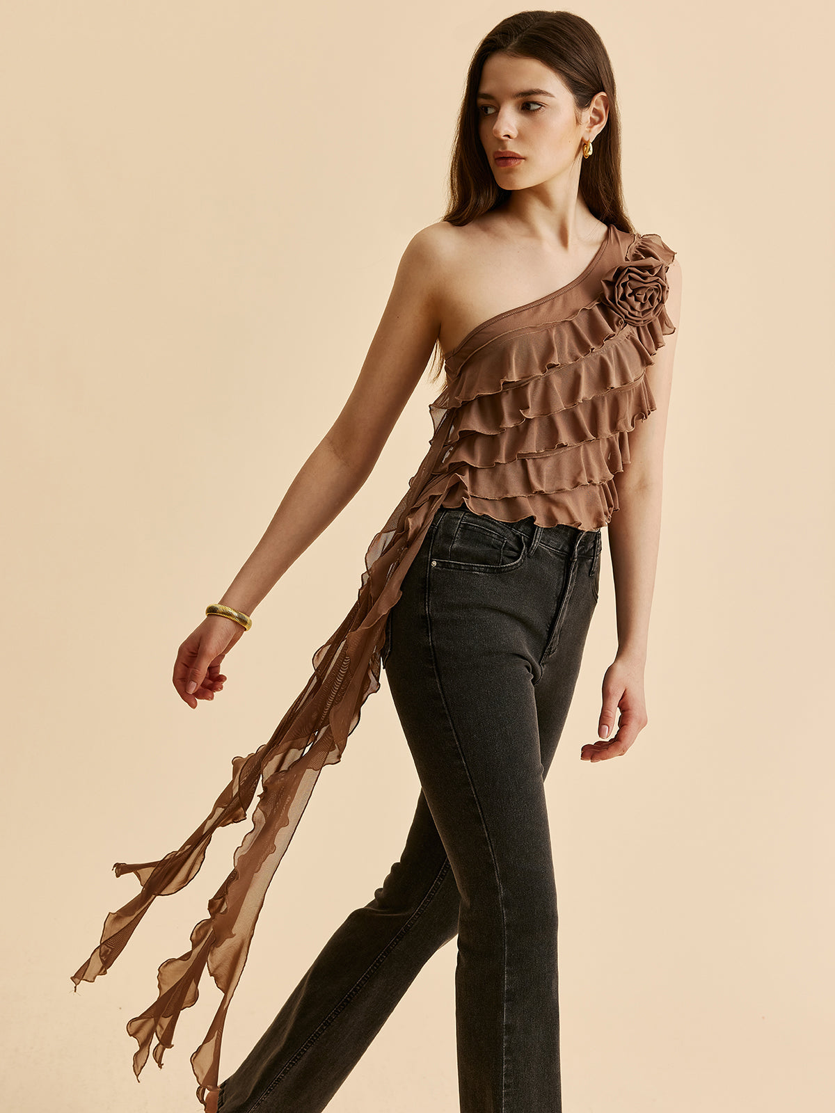 Tek Omuz Ruffled Rosette Detaylı Bluz