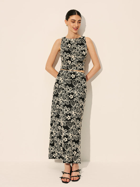 Nakışlı Çiçekli Yırtmaç Etek