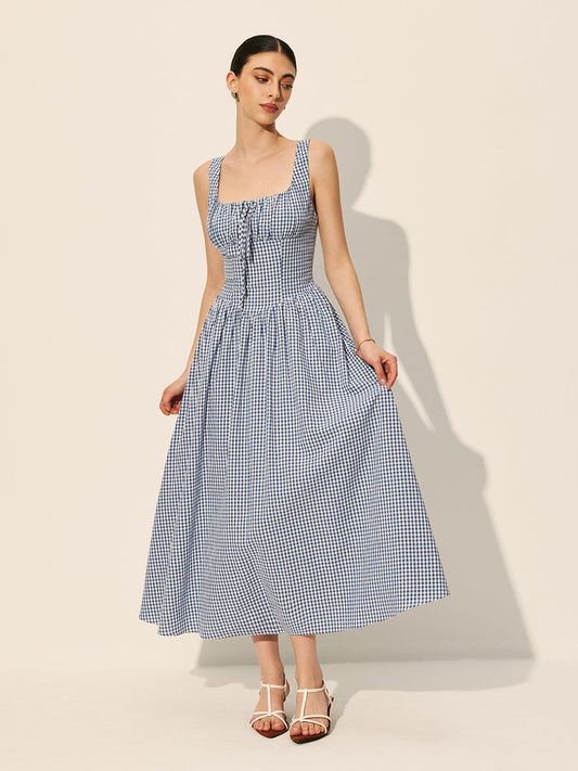 Pamuk Kareli Kravat Önü Elbise