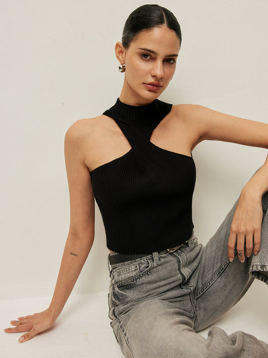 Ribbed Cross Halter Örgü Üst