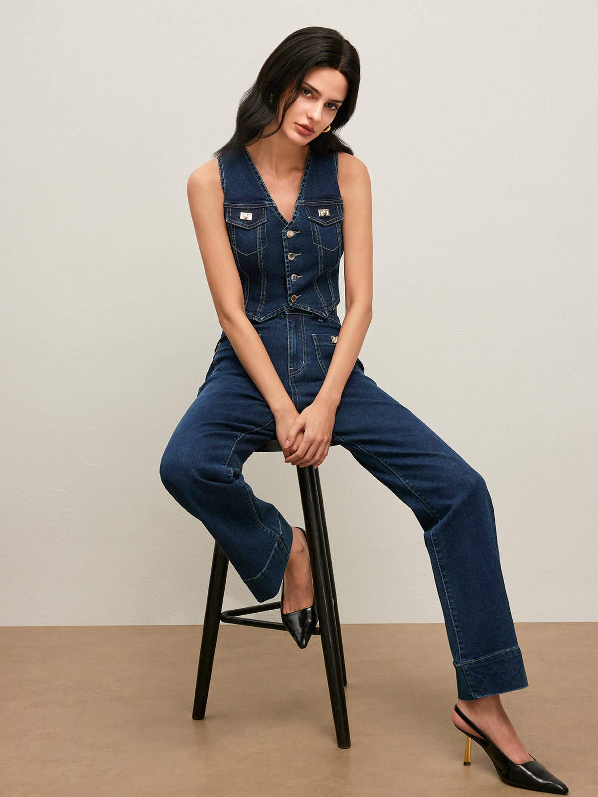 Klasik Denim Düğmeli Yelek
