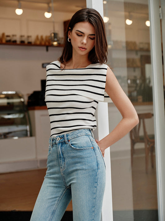 Çizgili Şal Yaka Triko Üst