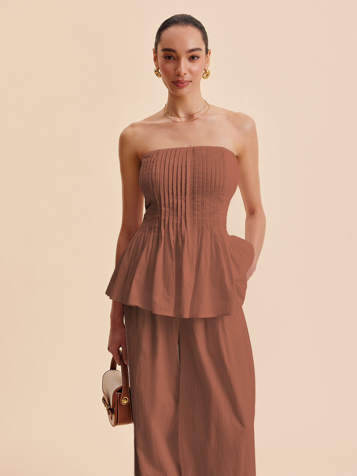 Pamuk Plise Askısız Peplum Bluz