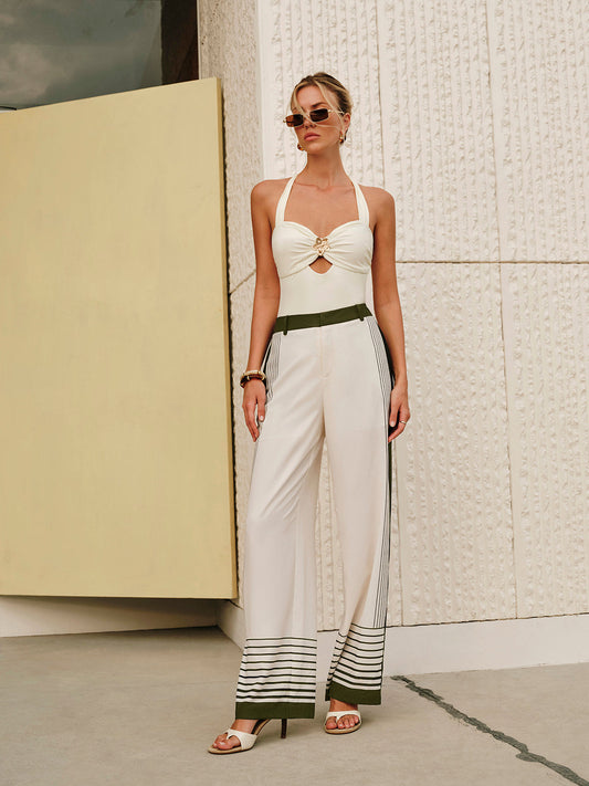 Çizgili Baskılı Fermuarlı Orta Bel Pantolonlar