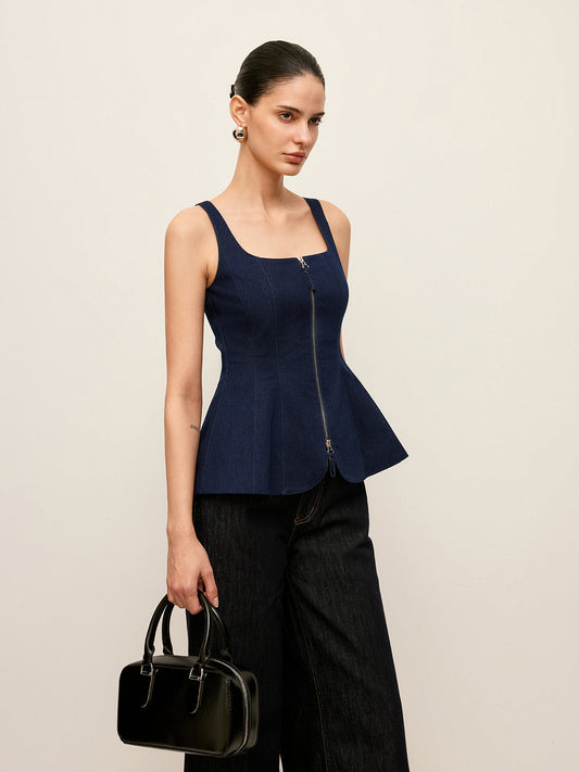 Zip-Ön Denim Peplum Üst