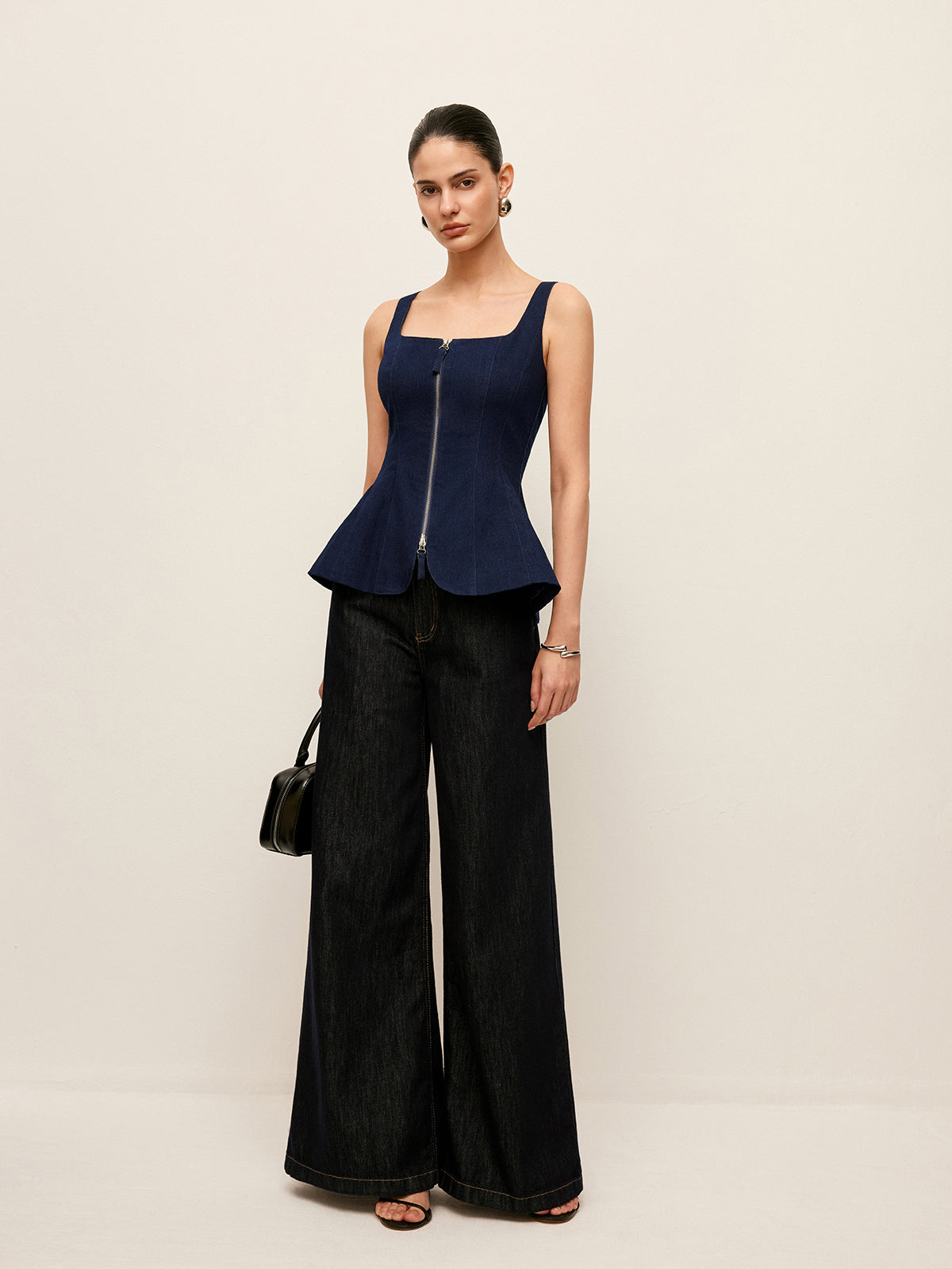Zip-Ön Denim Peplum Üst
