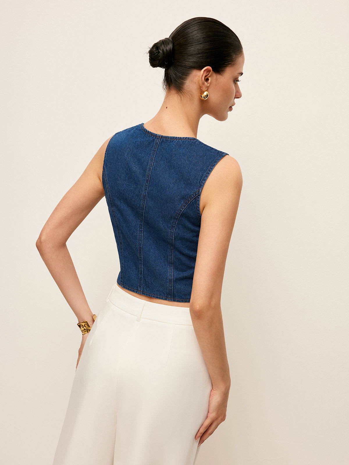 Pamuk Kare Yaka Düğme Detaylı Kot Bluz