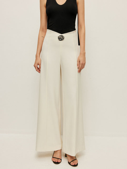 Buckle Detaylı Yüksek Bel Geniş Paça Pantolon