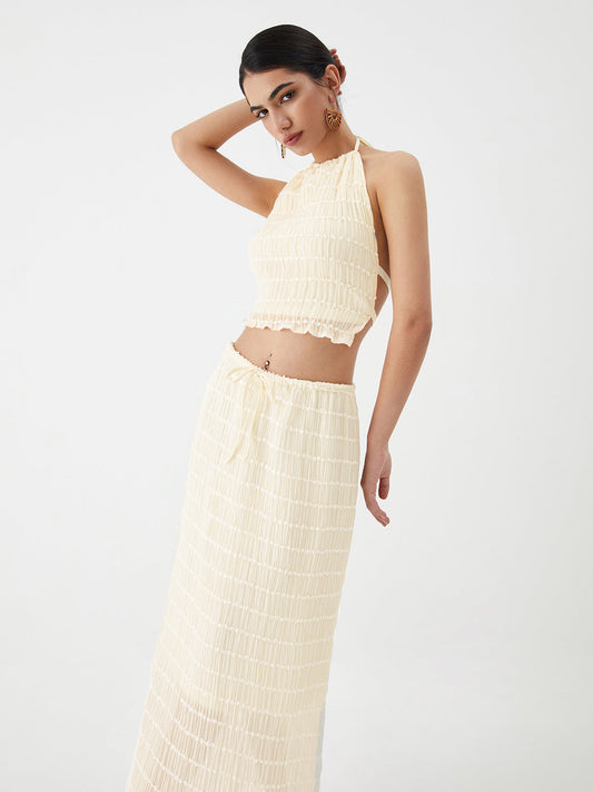 Sırtı Açık Halter Üst ve Fleteli Maxi Etek Takımı