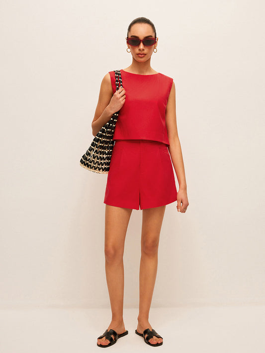 Pamuk ve Keten Kolsuz Bluz ile Şort Takımı