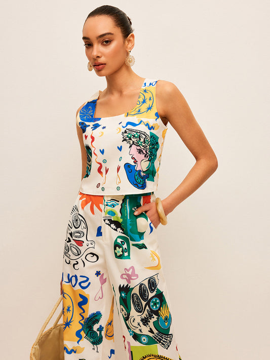 Grafik Baskılı Kısa Üst ve Geniş Paça Pantolon Takımı