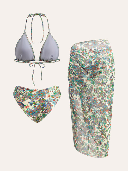 Paisley Desenli Pareo ile Bağlamalı Bikini Seti