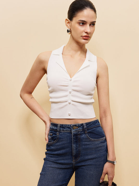 Kolsuz Düğme Ön Crop Süveter Yelek