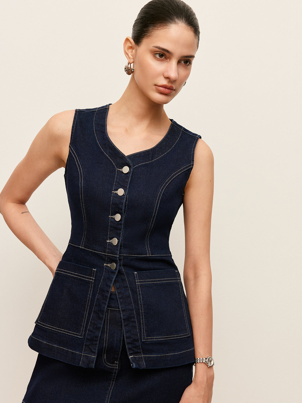 Cepli Denim Düğmeli Yelek
