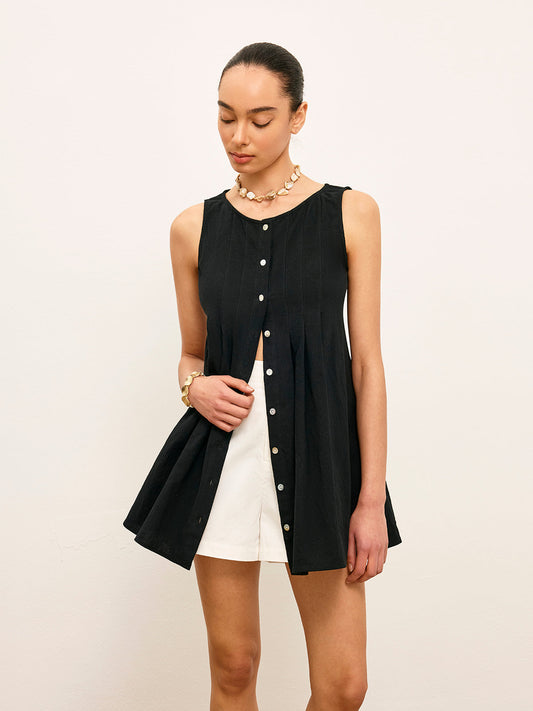 Pamuk ve Keten Fırfırlı Düğmeli Bluz