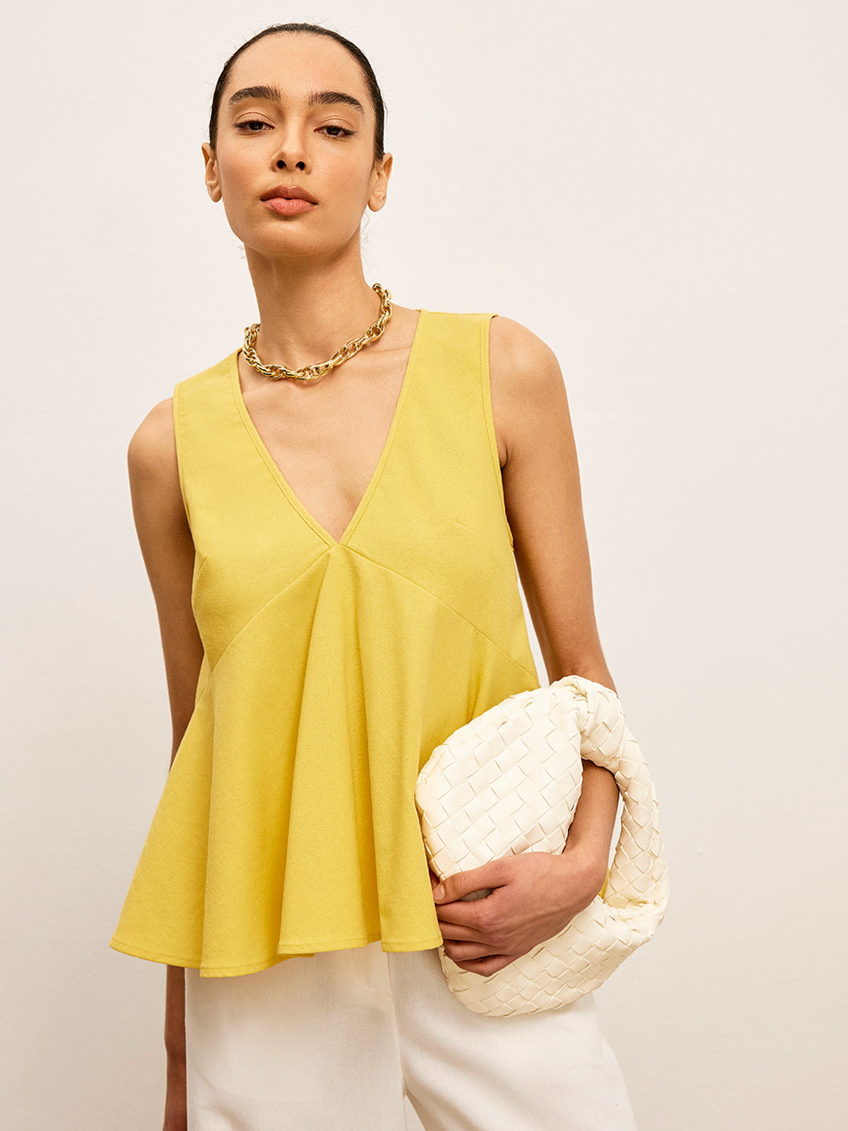 Pamuk ve Keten V-Yaka Peplum Bluz