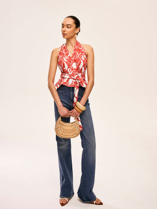 Çiçek Desenli Halter Yaka Bağcıklı Bluz