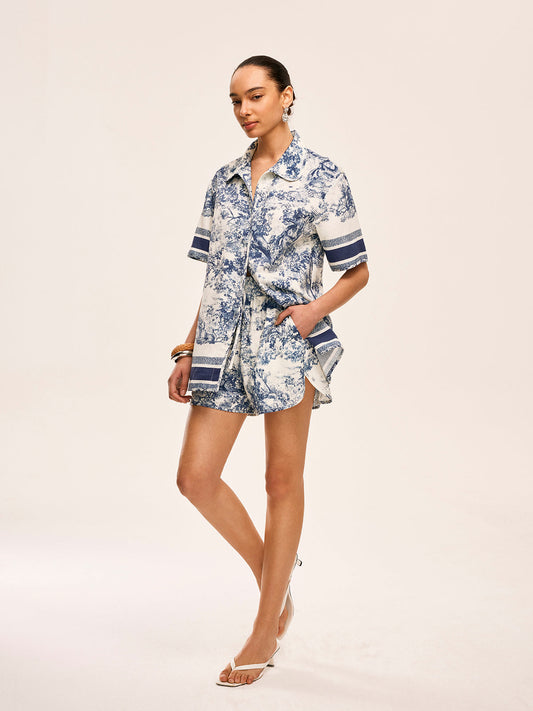 Baskılı Kontrast Kenar Şort Takımları