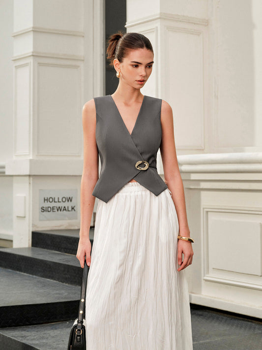 V-Yaka Metal Düğmeli Bel Taksımlı Yelek