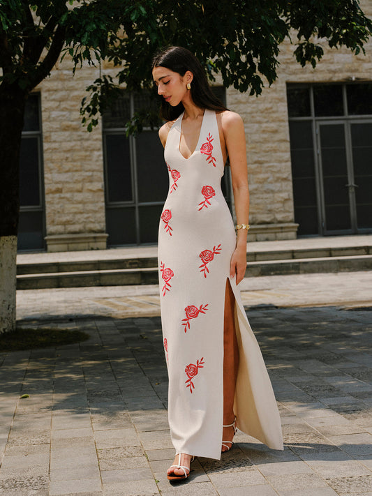 Embroidered Split Knit Strap Dress