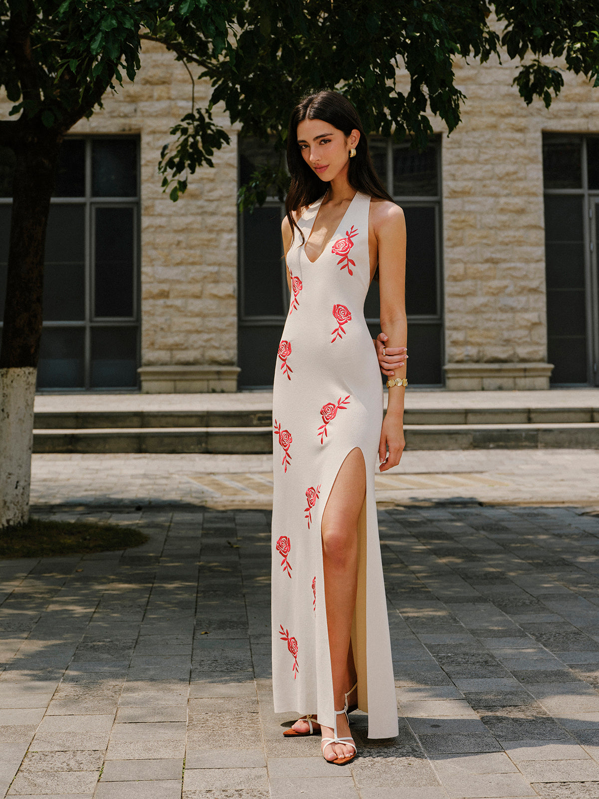 Embroidered Split Knit Strap Dress