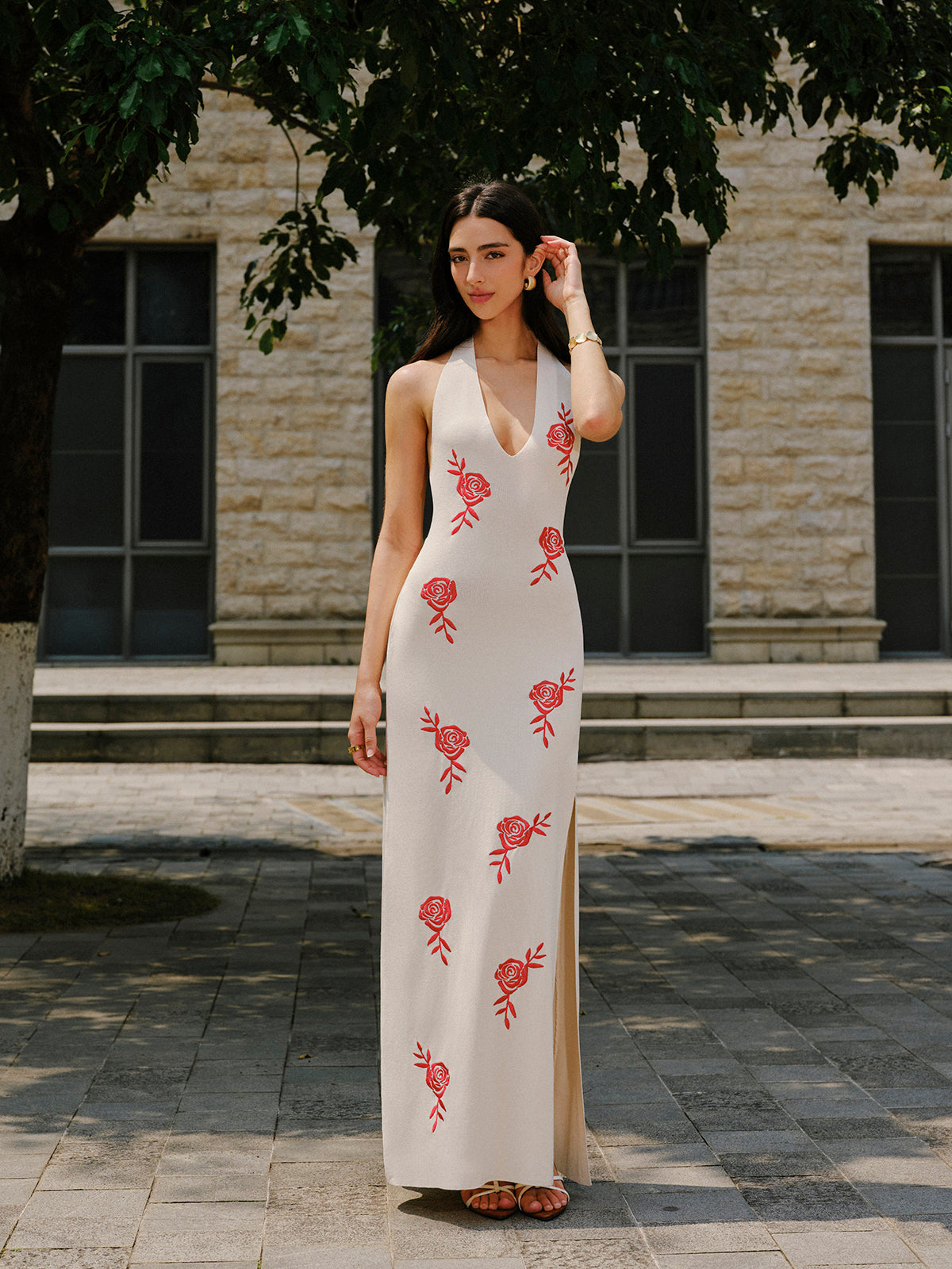 Embroidered Split Knit Strap Dress