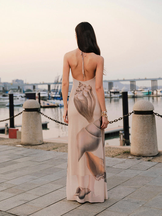 Ağ Mesh Halter Yaka Sırt Açık Elbise