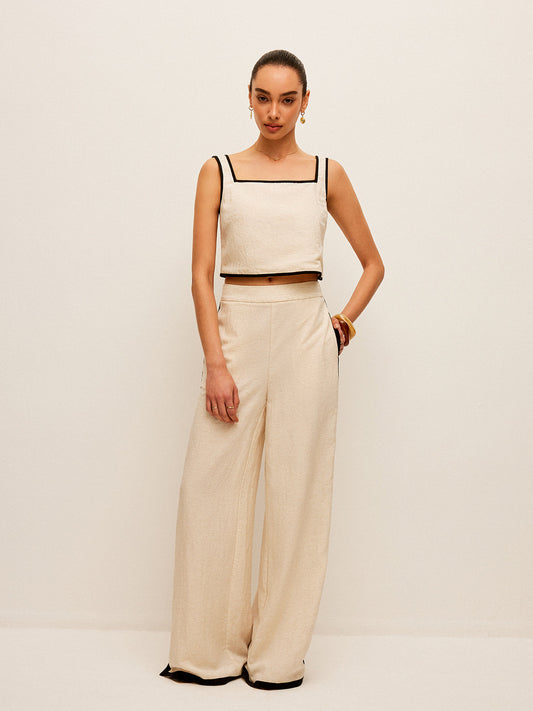 Pamuk ve Keten Kontrast Frmli Kare Yaka Kolsuz Üst